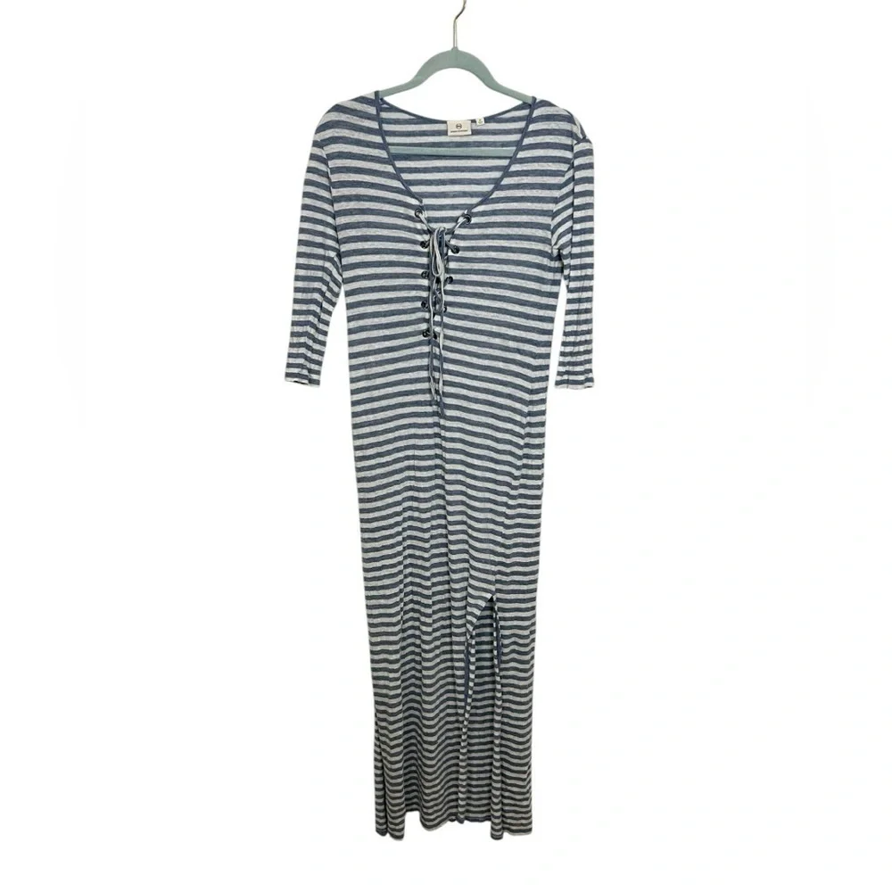 Ag Adriano Goldschmied Linen Blue Striped Lace Up Claude Maxi Dress Size XS - Picture 15 of 15